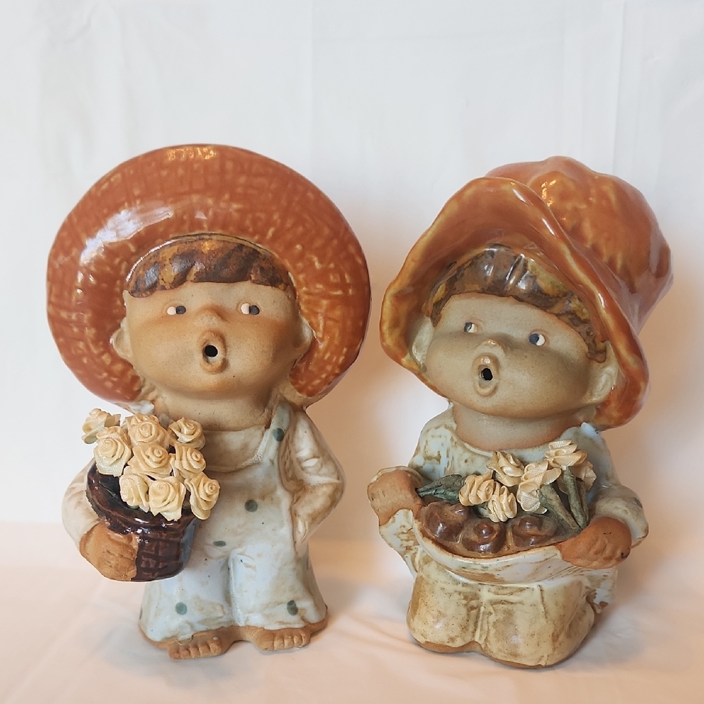 Vintage Handmade Ceramic Boy and Girl Flower Figurines in Brown and Cream